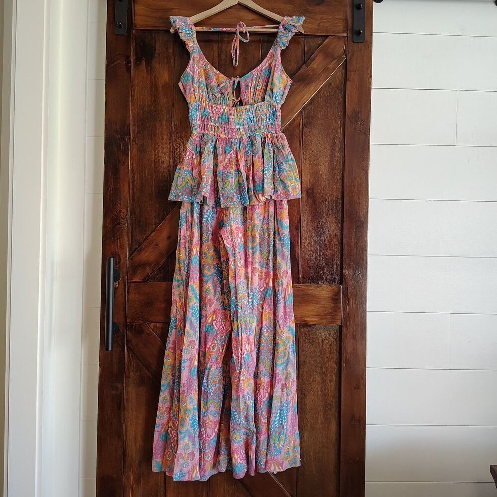 Love The Label Paisley Wide Leg Jumpsuit S Anthropologie Tie Front NWT Ruffle - Picture 6 of 10
